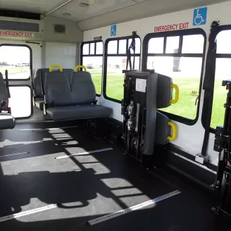 The inside of the We Care Bus with its seats up